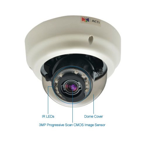 acti b67 3mp indoor ir dome ip camera - zoom lens
