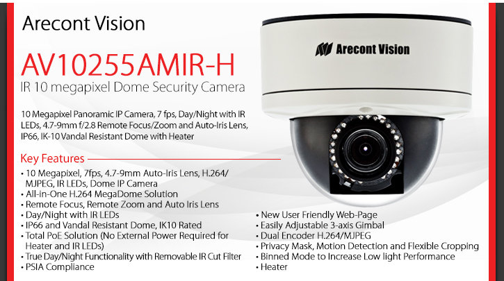 arecont vision av10255amir-h ir 10 megapixel dome security camera
