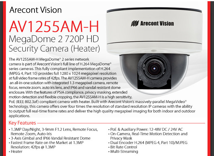 arecont vision av1255am-h megadome 2 720p hd security camera (heater)