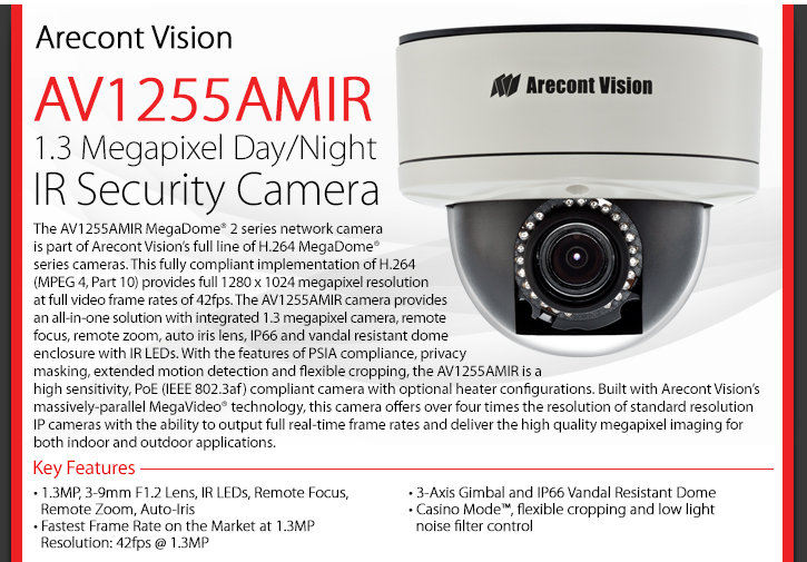 arecont vision av1255amir 1.3 megapixel day/night ir security camera