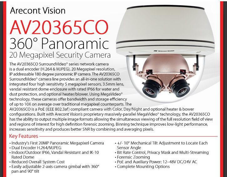 arecont vision av20365co 360° panoramic 20 megapixel security camera