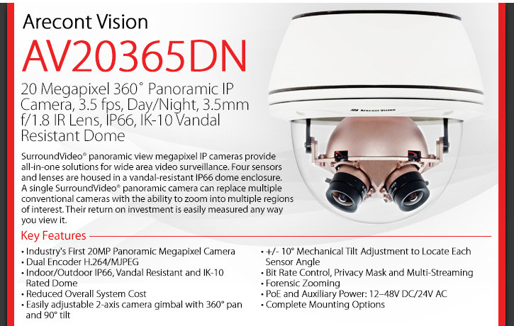 Arecont Vision AV20365DN 360° 20MP Dome Security Camera - Day/Night