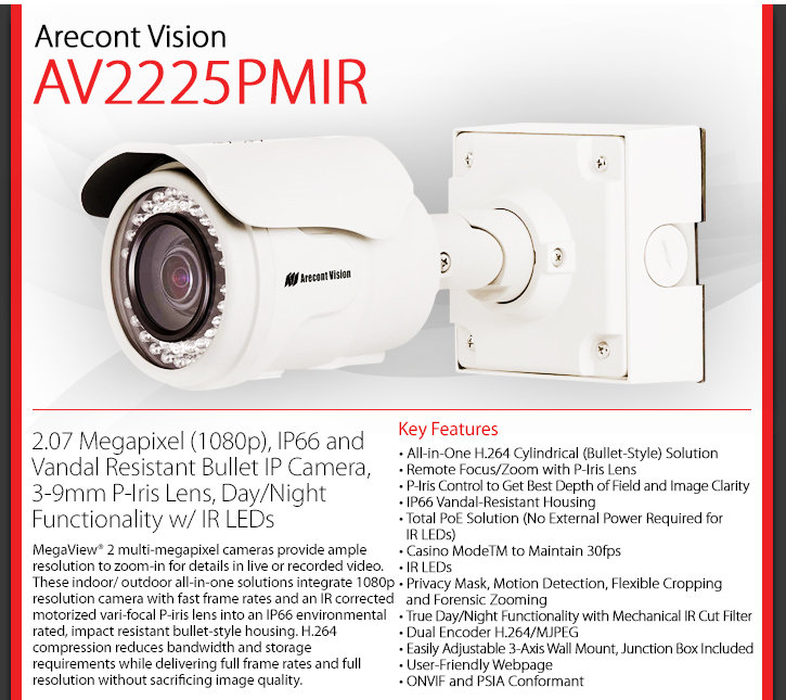 Arecont Vision AV2225PMIR MegaView 2 1080P HD IP Security Camera