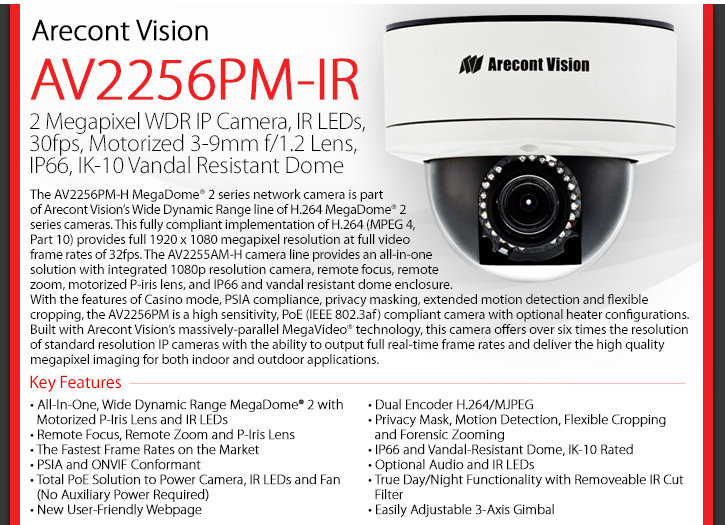 Arecont Vision AV2256PM-IR IP Dome Camera- 2.1MP, Day/night, Varifocal Manual Iris Lens, Motion Detection, Vandal Resistant