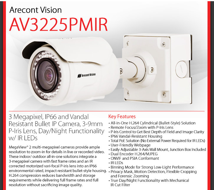 Arecont Vision AV3225PMIR MegaView 2 3MP HD Network Bullet Camera