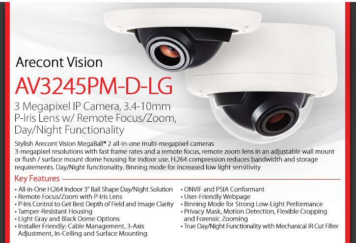 Arecont Vision AV3245PM-D-LG MegaBall 2 3MP Network Dome Camera