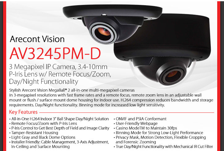 Arecont Vision AV3245PM-D MegaBall 2 3MP Network Dome Camera Arecont Vision AV3245PM-D MegaBall 2 3MP Network Dome Camera