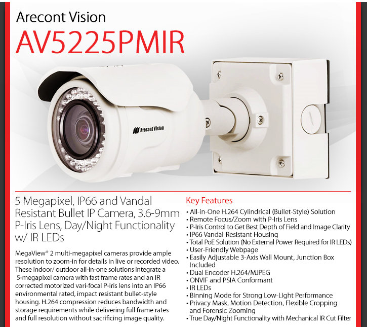 Arecont Vision AV5225PMIR MegaView 2 5MP HD IP Security Camera Arecont Vision AV5225PMIR MegaView 2 5MP HD IP Security Camera