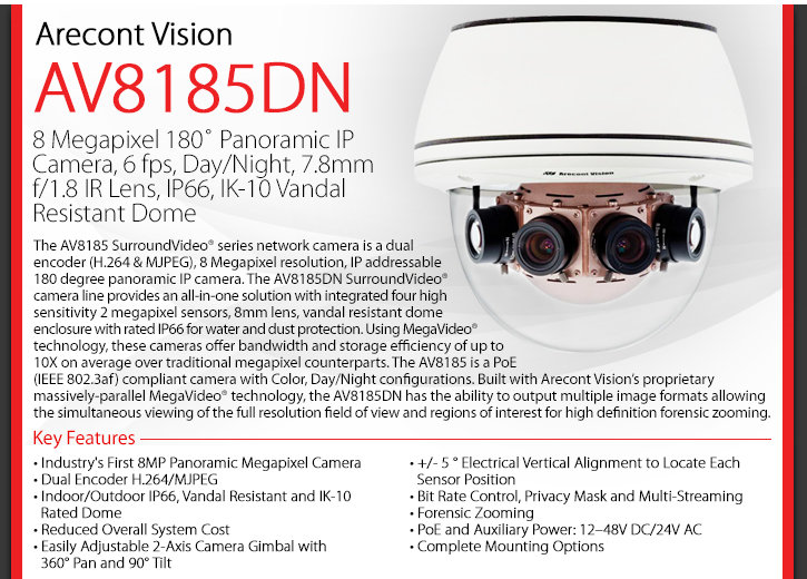 Arecont Vision AV8185DN 180° 8MP Dome Security Camera - Day/Night