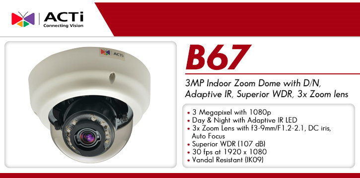 acti b67 3mp indoor ir dome ip camera - zoom lens