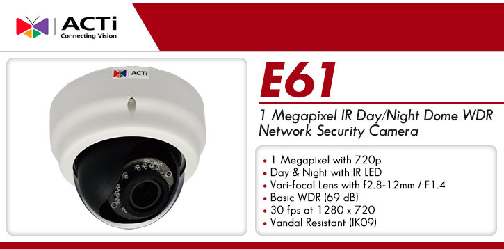 acti e61 1 megapixel ir day/night dome wdr ip security camera