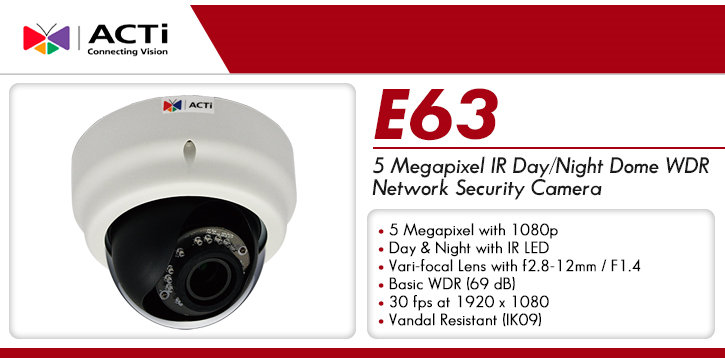 acti e63 5 megapixel ir day/night dome wdr ip security camera
