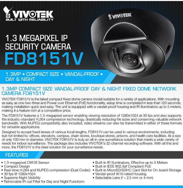 vivotek fd8151v 1.3 megapixel ip security camera