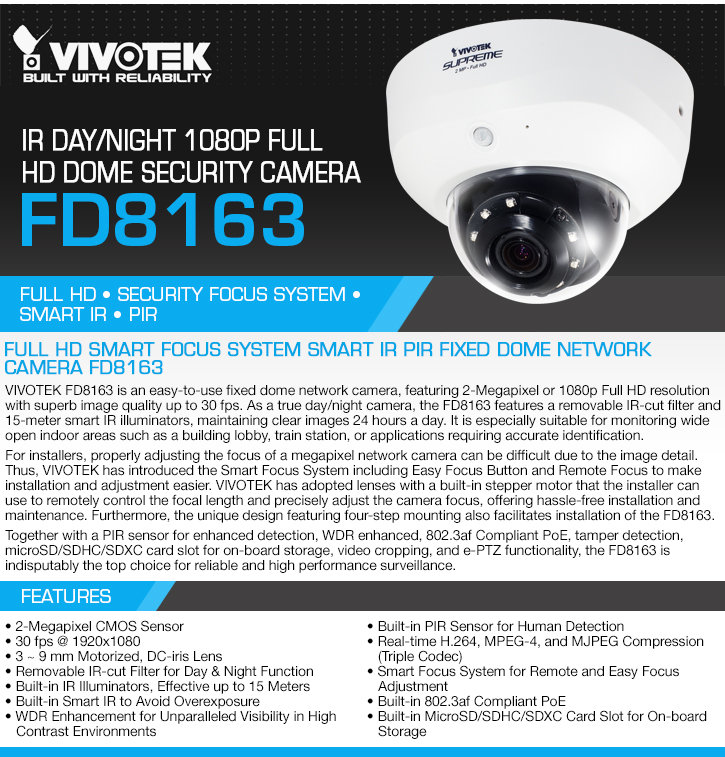 vivotek fd8163 ir day/night 1080p full hd dome security camera
