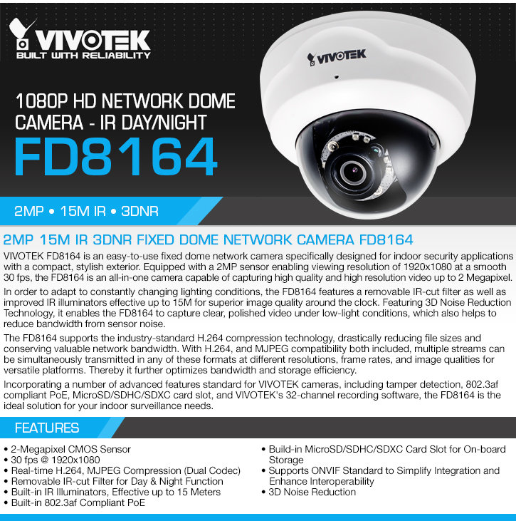vivotek fd8164 1080p hd ip dome camera - ir day/night