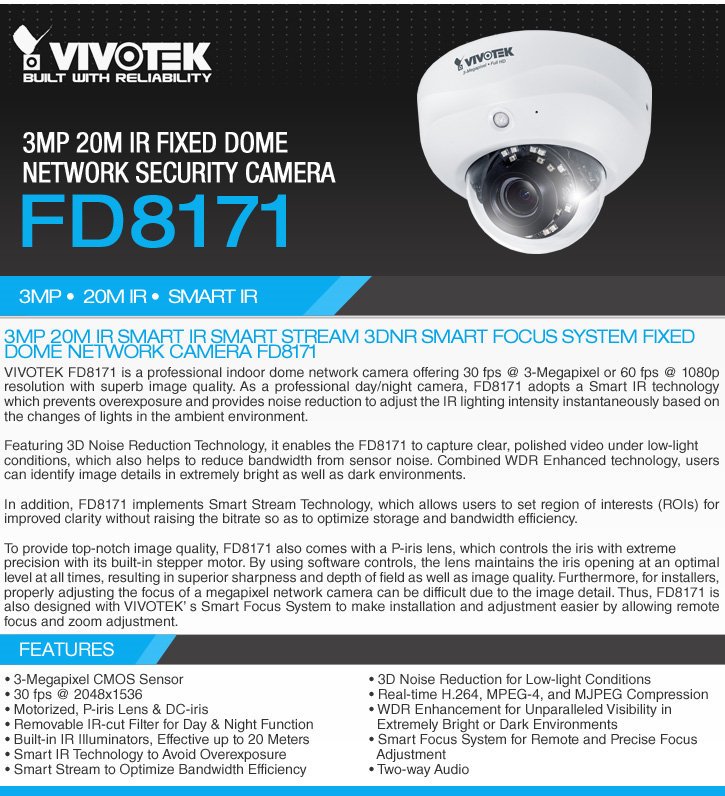 vivotek fd8171 3mp indoor ir dome ip security camera