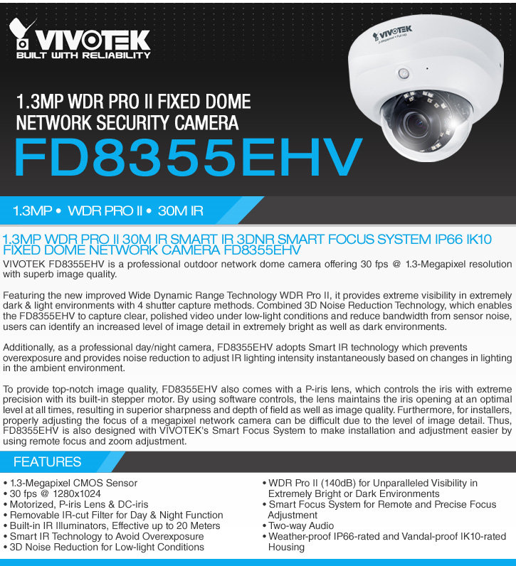 vivotek fd8355ehv 720p hd ir dome ip camera - smart focus system