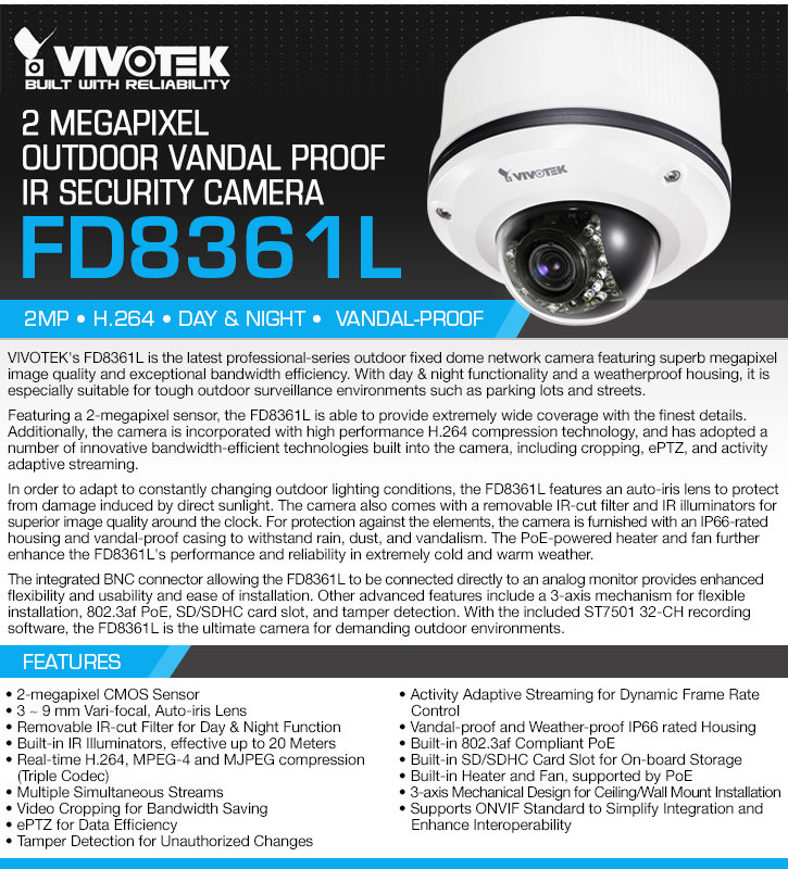 vivotek fd8361l 2 megapixel outdoor vandal proof ir security camera