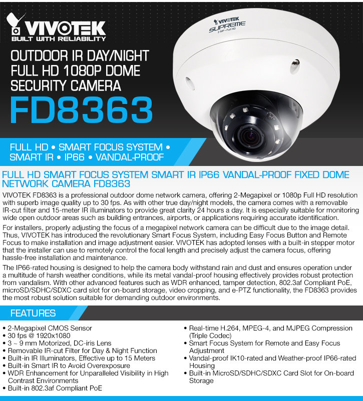 vivotek fd8363 outdoor ir day/night full hd 1080p dome security camera