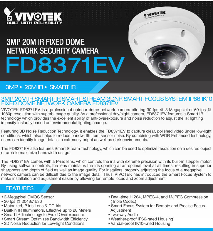 vivotek fd8371ev 3mp outdoor ir dome network camera