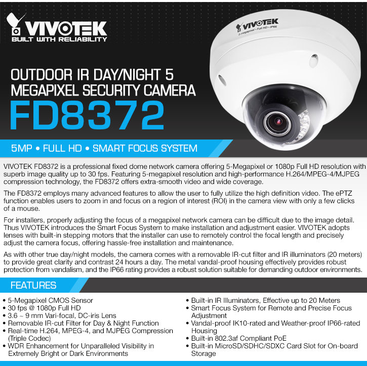 vivotek fd8372 outdoor ir day/night 5 megapixel security camera