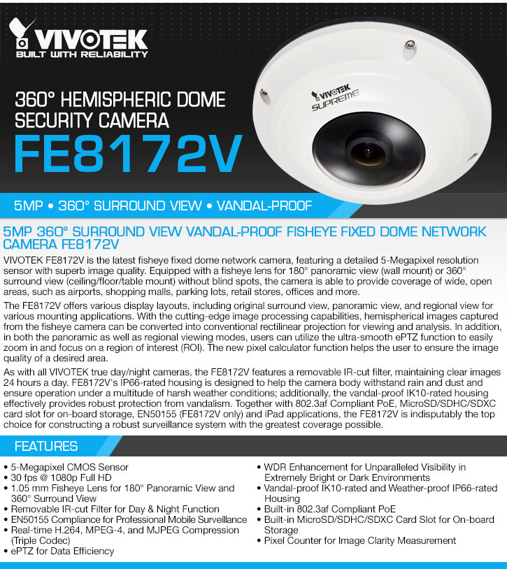 vivotek fe8172v 360° hemispheric dome security camera (vandal-proof)