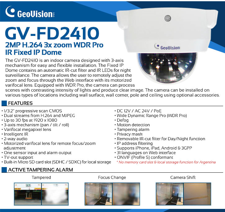 Geovision GV-FD2410 1080P HD Indoor Dome Camera - Motorized Lens