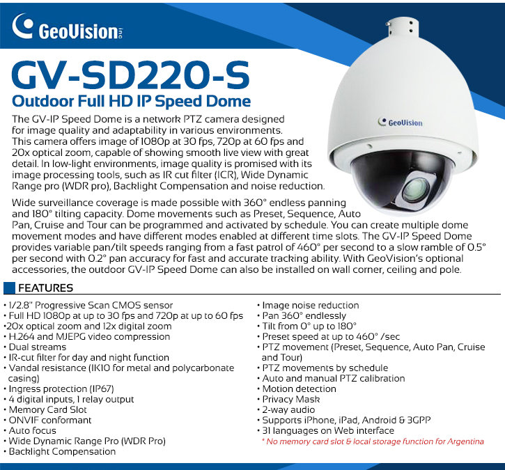 Geovision GV-SD220-S 1080P HD Outdoor 20x PTZ Security Camera