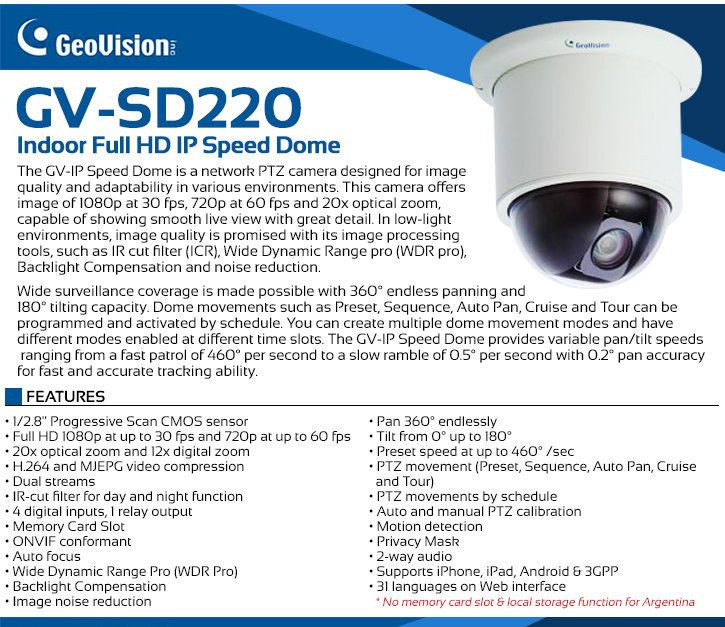 Geovision GV-SD220 1080P HD Indoor 20x PTZ Network Camera