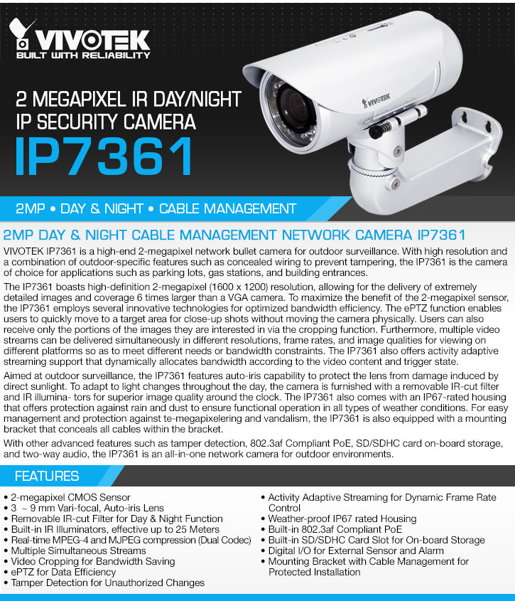 vivotek ip7361 2 megapixel ir day/night ip security camera