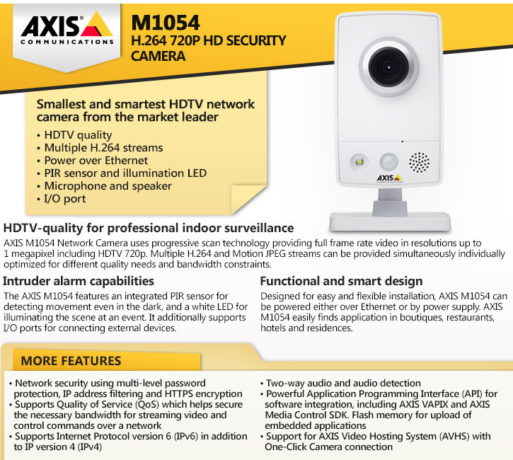 axis m1054 h.264 720p hd security camera