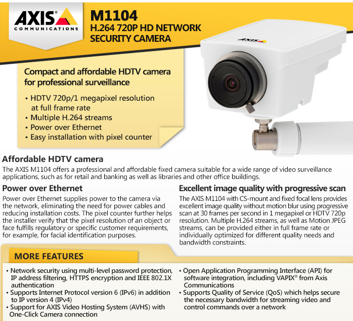 axis m1104 h.264 720p hd ip security camera