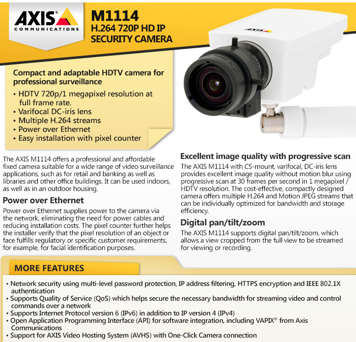 axis m1114 h.264 720p hd ip security camera