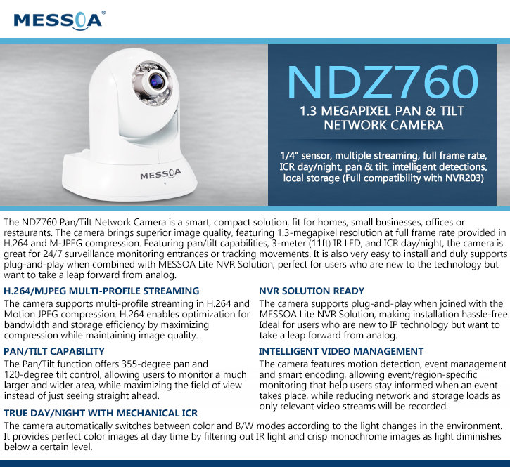 Messoa NDZ760 Indoor 1.3MP PTZ Network Security Camera