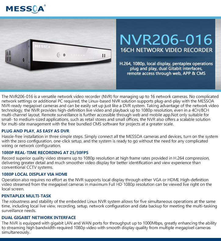 Messoa NVR206-016 16-channel Plug & Play Network Recorder