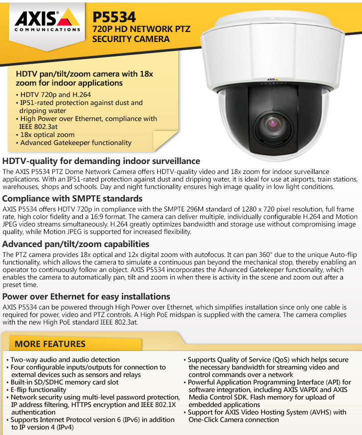 axis p5534 720p hd ip ptz security camera