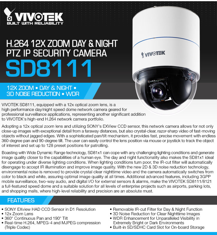 vivotek sd8111 h.264 12x zoom day / night ptz ip security camera