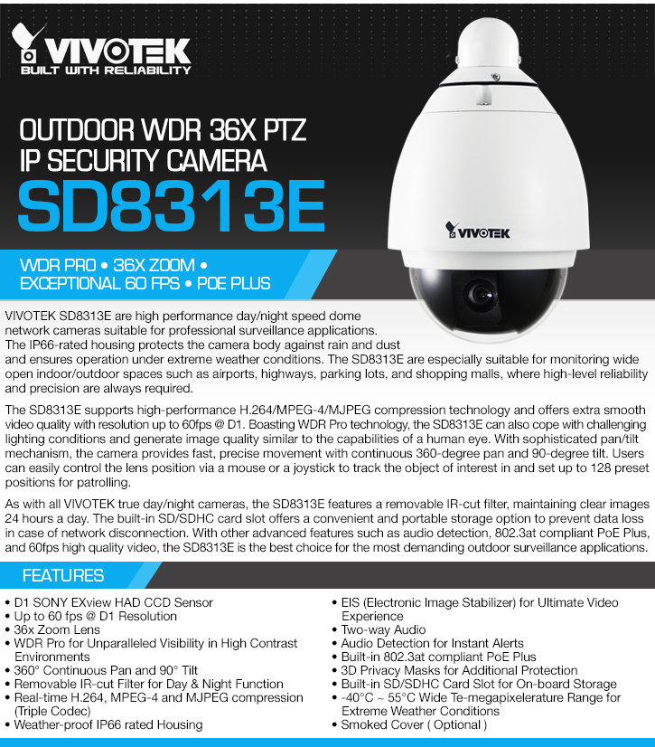 vivotek sd8313e outdoor wdr 36x ptz ip security camera