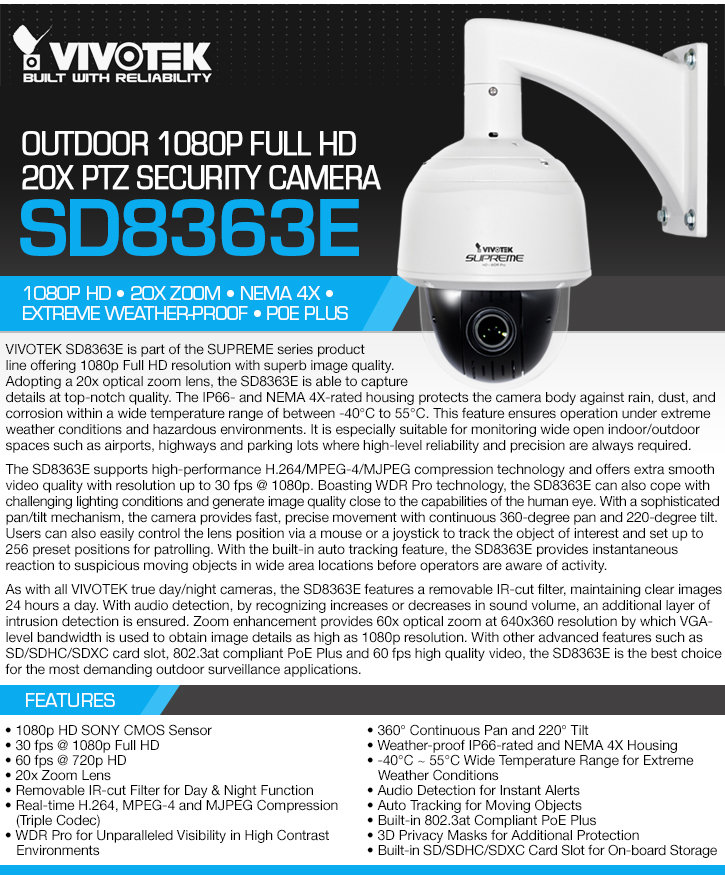 vivotek sd8363e outdoor 1080p full hd 20x ptz security camera