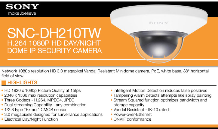 sony snc-dh210t/w 1080p hd minidome security camera
