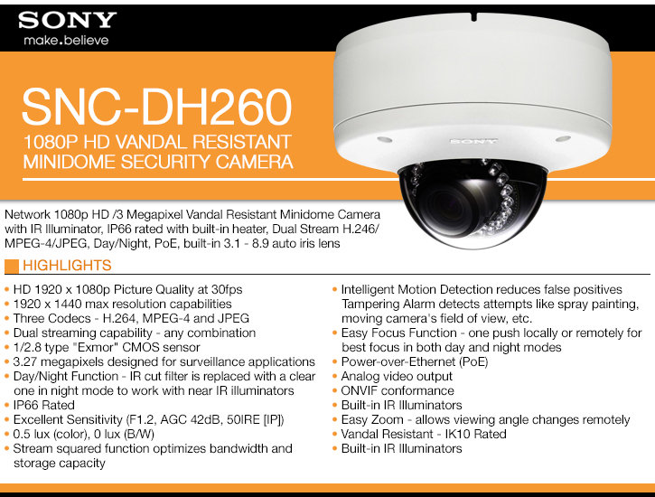 sony snc-dh260 1080p hd vandal resistant minidome security camera