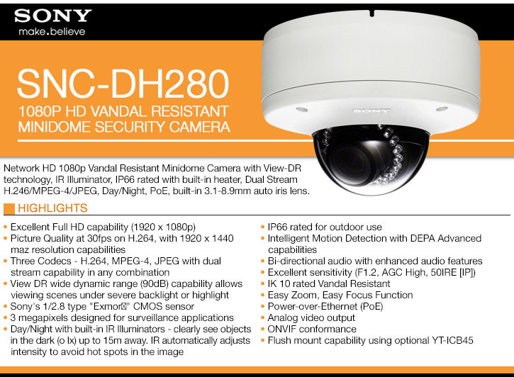 sony snc-dh280 1080p hd vandal resistant minidome security camera