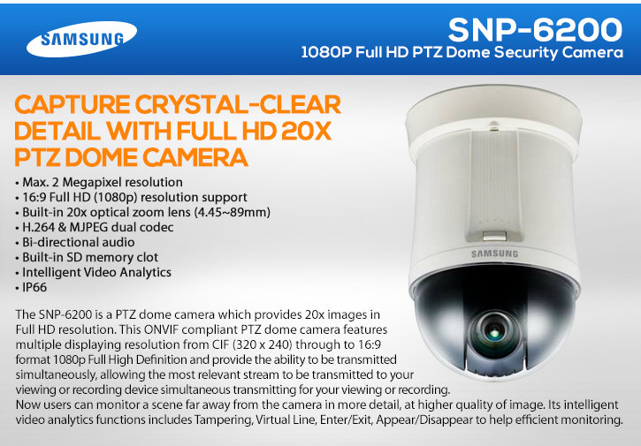 samsung snp-6200 1080p full hd ptz dome security camera