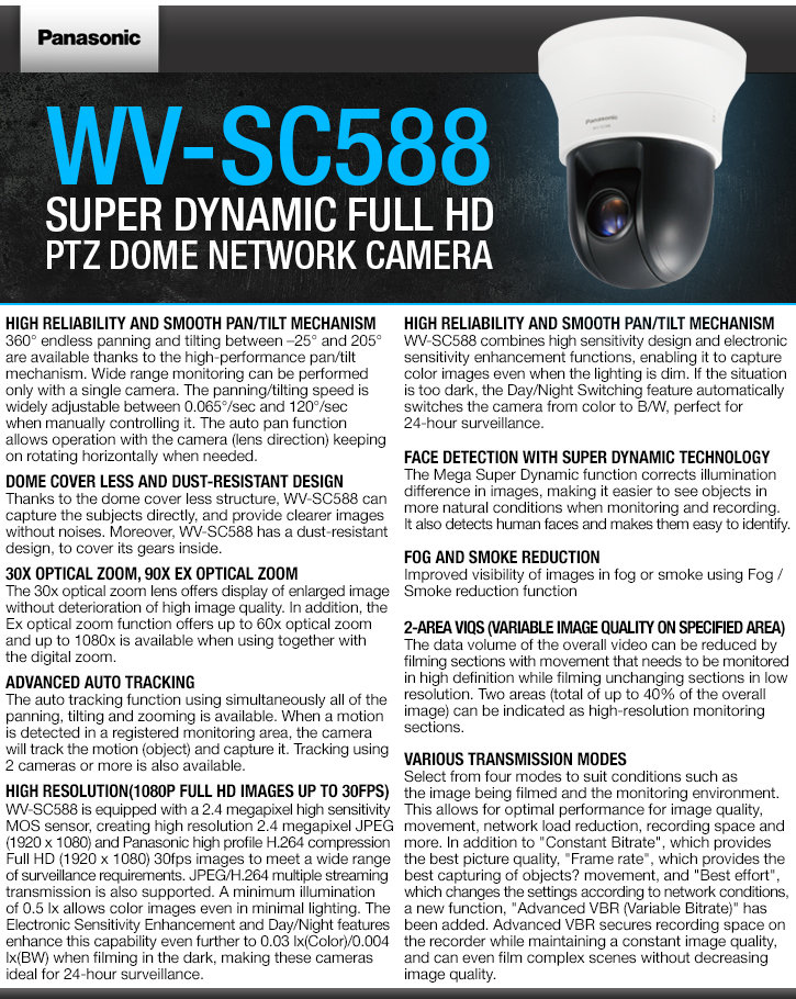 Panasonic WV-SC588 Super Dynamic 1080P HD PTZ Dome Camera
