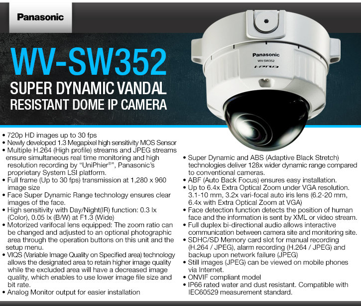 panasonic wv-sw352 super dynamic vandal resistant dome ip camera