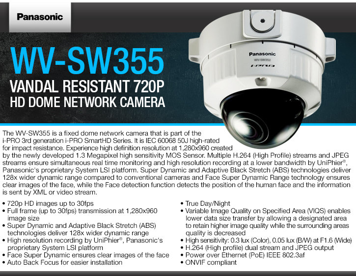 panasonic wv-sw355 vandal resistant 720p hd dome ip camera